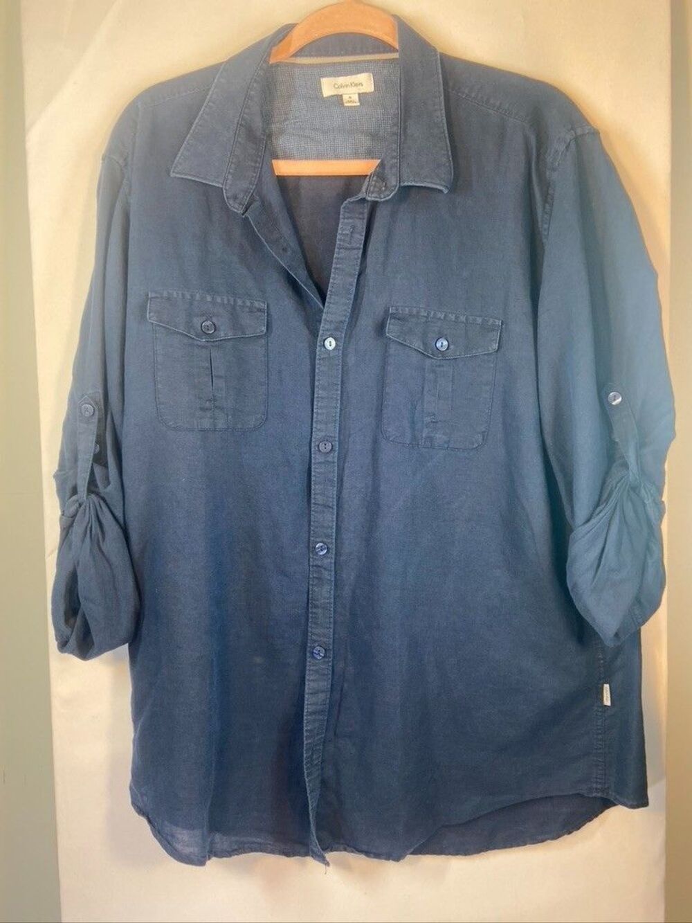 CALVIN KLEIN WOMENS XLARGE ROLL TAB SLEEVE LINEN COTTEN BLEND BLUE BUTTON SHIRT